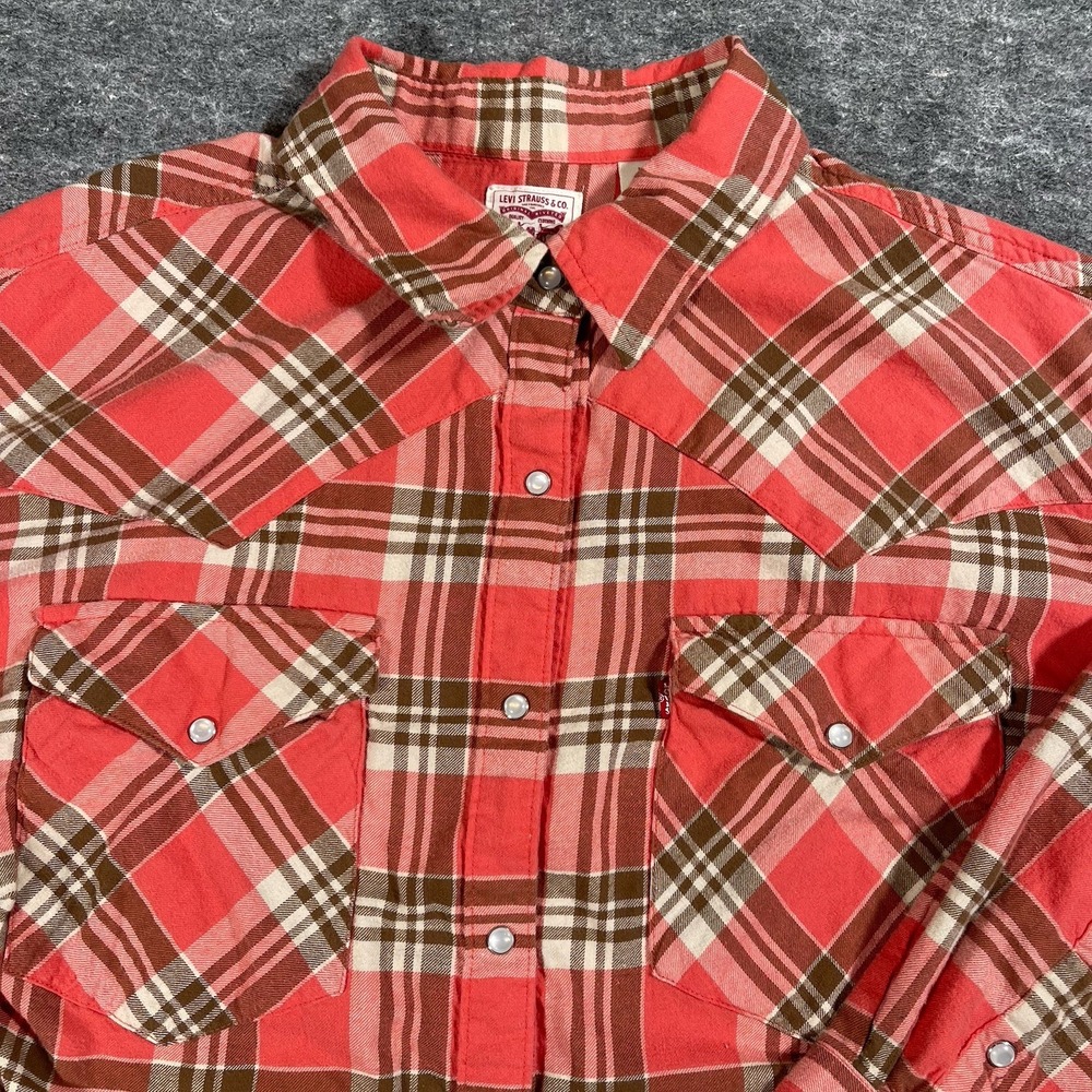 Levi's Women's Pearl Snap Button Up Flannel Sz 1x Salmon/Brown Western Cowgirl